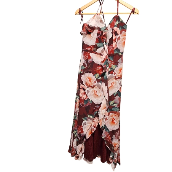 Cachet Floral Chiffon Wrap Slit Dress Cascading Ruffle Sweetheart Neckline Sz 6. - Picture 5 of 16